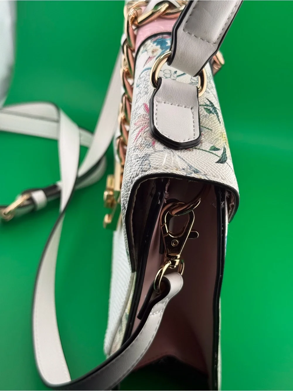 ALDO Floral Satchel Crossbody Bag White Pink Gold Chain
